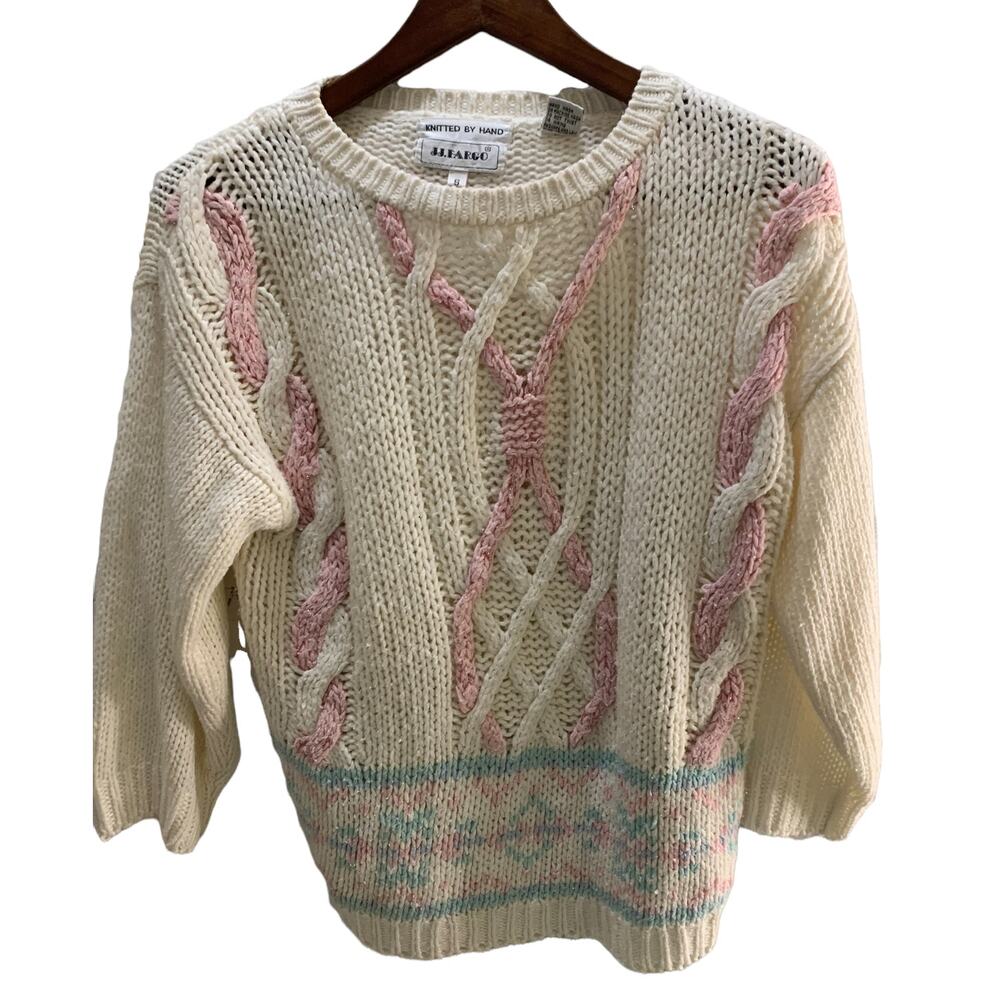 JJ. FARGO Women's Vintage Cottage Core Hand Knit Chunky Pullover Sweater, Small